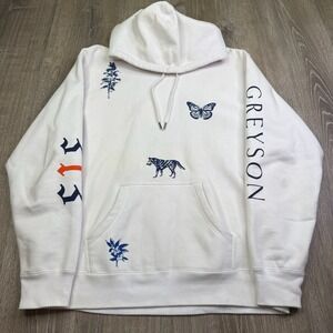 Greyson Mens White Drawstring Animals Graphic Print Pullover Boxy Hoodie Size L